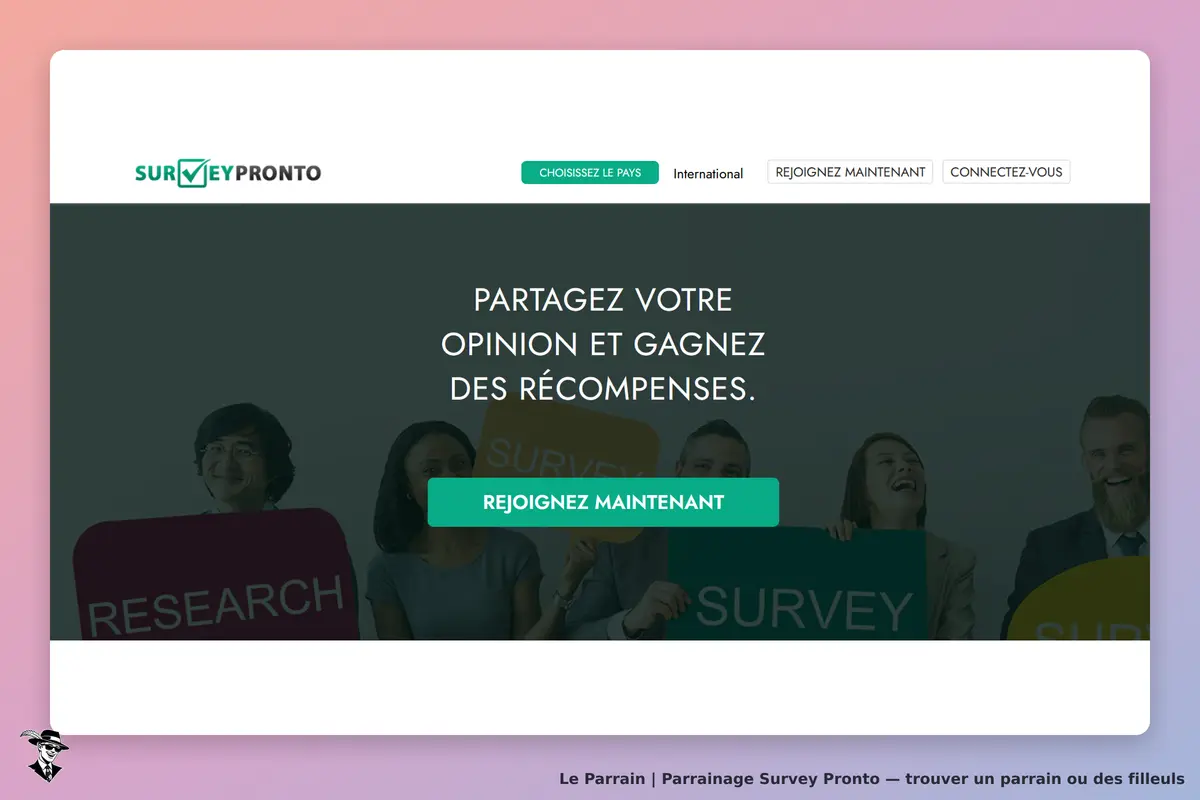 Survey Pronto : page d'accueil avec un slogan et des personnes tenant des panneaux de recherche