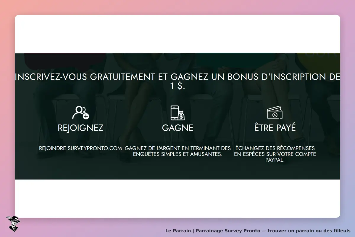 Survey Pronto : page d'accueil avec options d'inscription et de gains d'argent pour des enquêtes