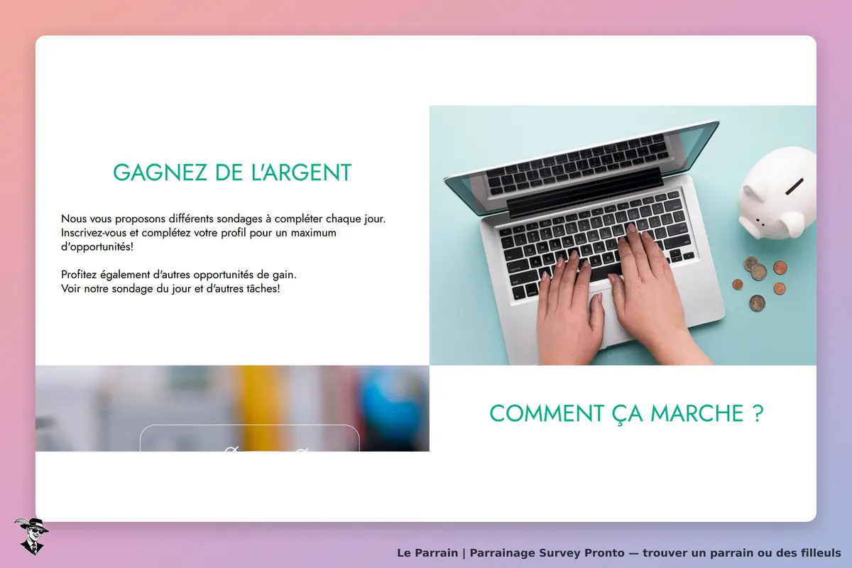 Survey Pronto : page d'accueil avec un ordinateur portable et une tirelire, texte explicatif