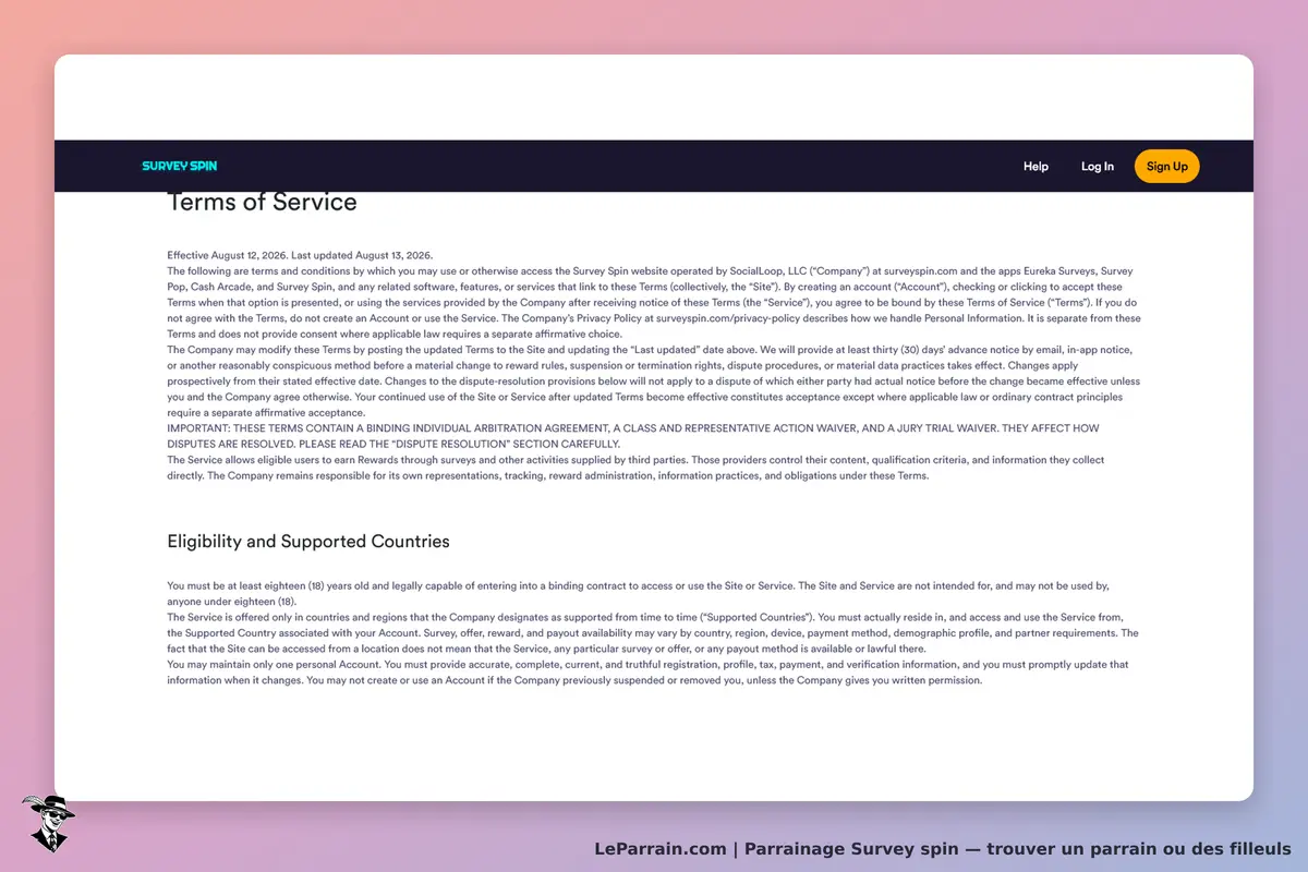 Survey Spin : page des conditions de service avec texte explicatif et sections visibles
