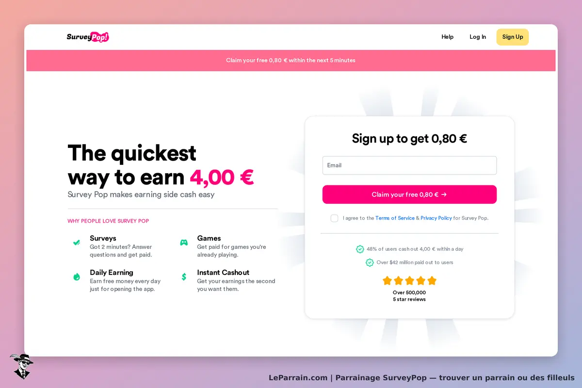 SurveyPop : page d'accueil avec formulaire d'inscription et informations sur les gains