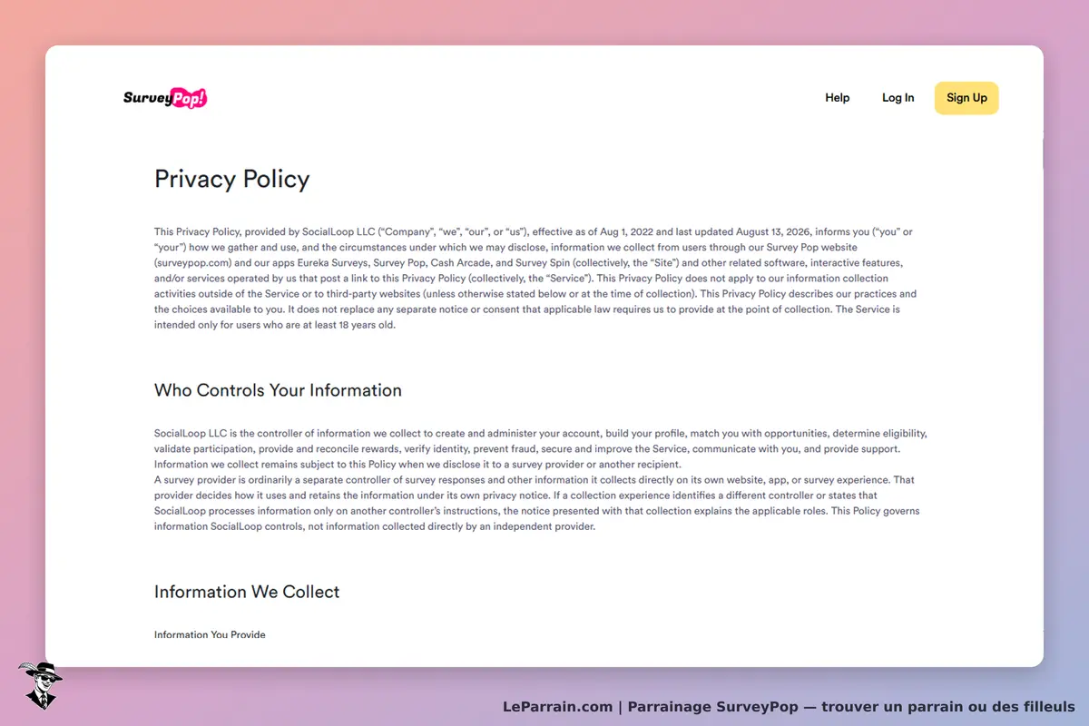 SurveyPop : politique de confidentialité avec sections sur le contrôle et la collecte des
