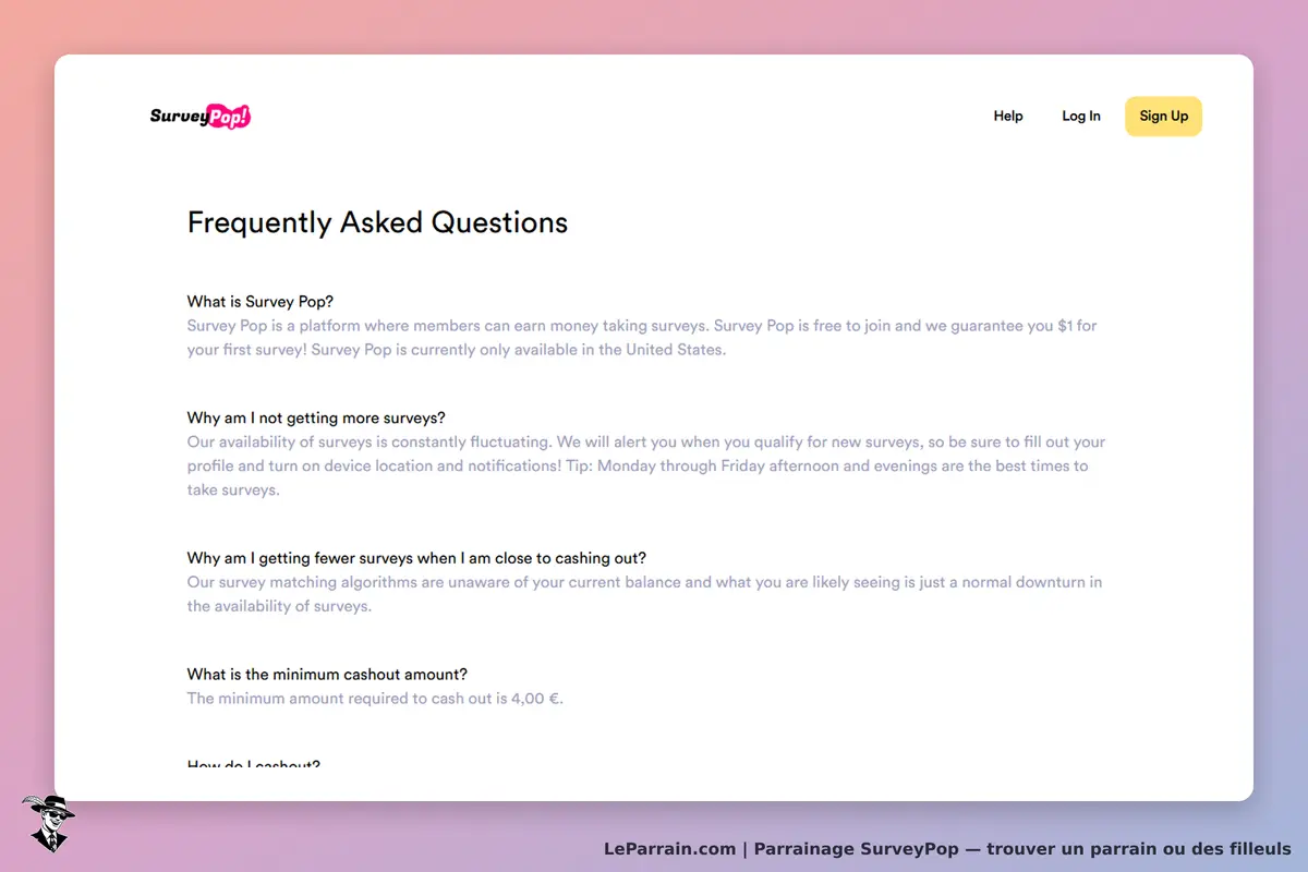 SurveyPop : page des questions fréquentes avec plusieurs réponses sur les enquêtes et les retraits
