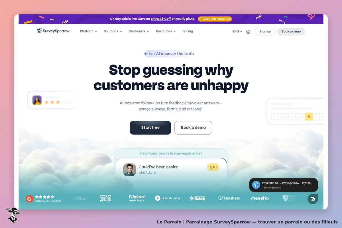 SurveySparrow : page d'accueil avec un message sur la satisfaction client et des options de