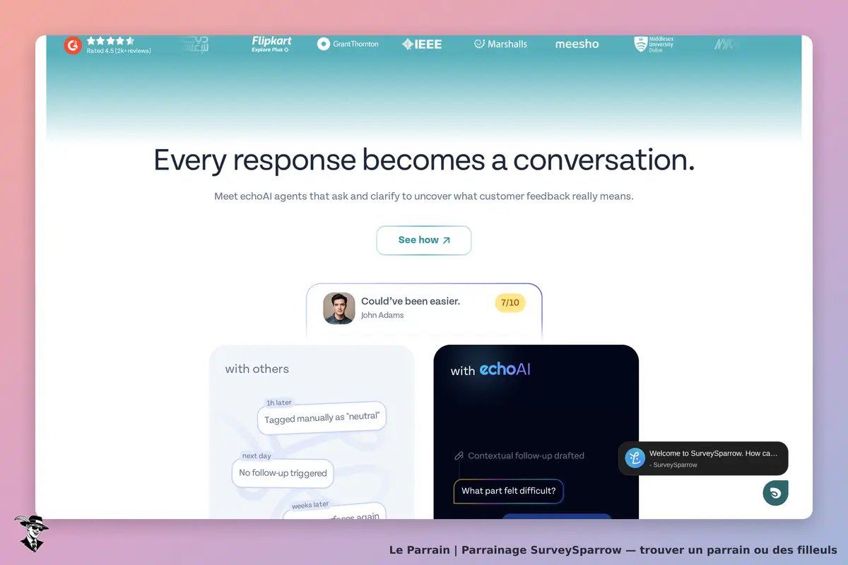 SurveySparrow : page d'accueil présentant des agents echoAI pour le feedback client