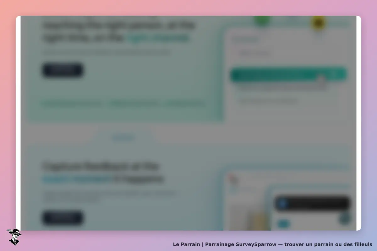 SurveySparrow : page d'accueil présentant des fonctionnalités et un formulaire d'inscription