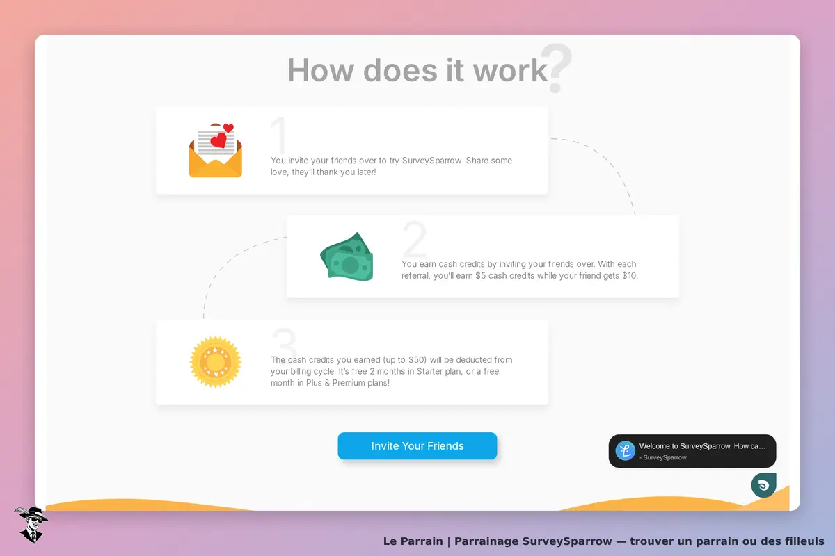 SurveySparrow : étapes du programme de parrainage avec illustrations et bouton d'invitation