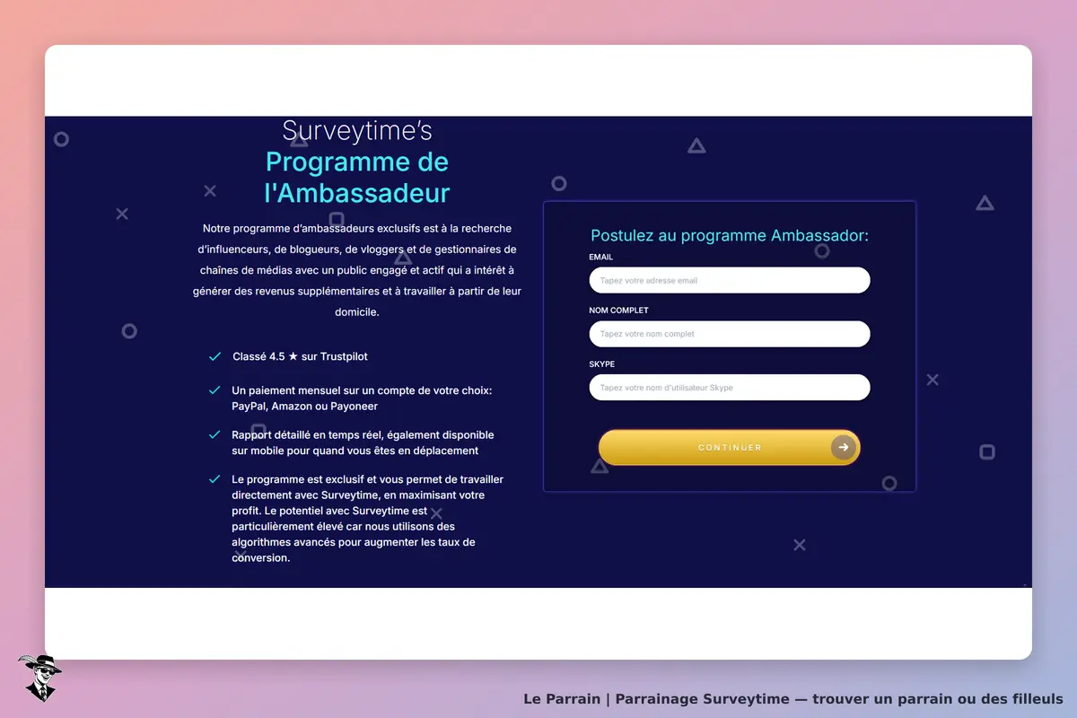 Surveytime : page d'inscription au programme Ambassadeur avec formulaire de contact