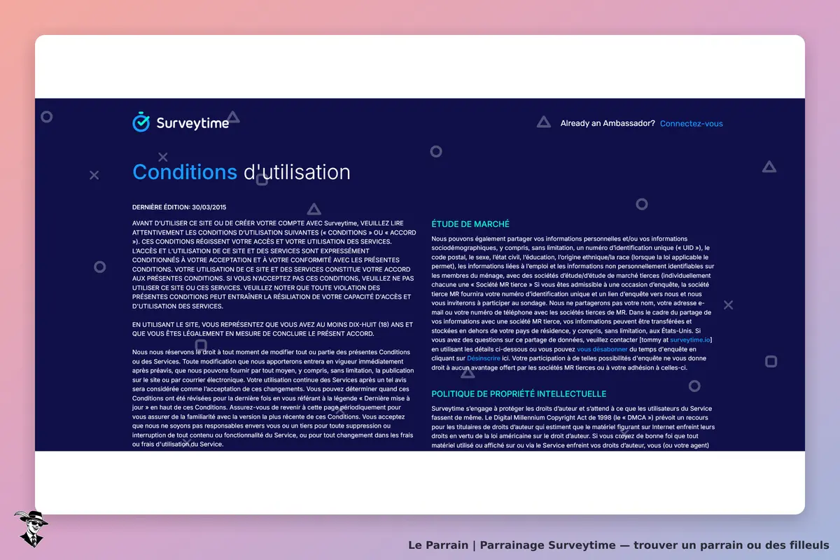 Surveytime : conditions d'utilisation affichées sur un fond sombre avec plusieurs sections de texte