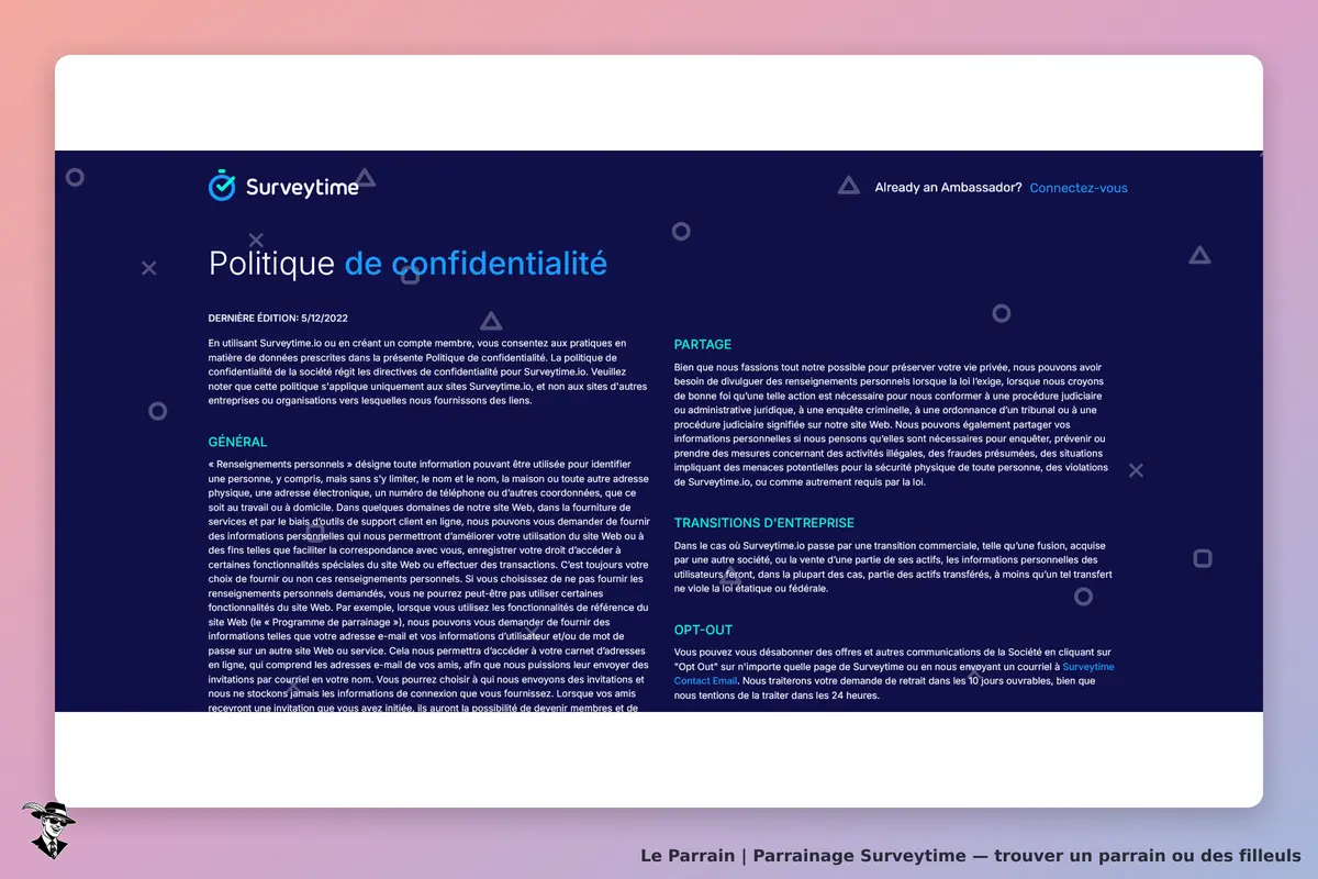 Surveytime : politique de confidentialité affichant des informations sur la gestion des données