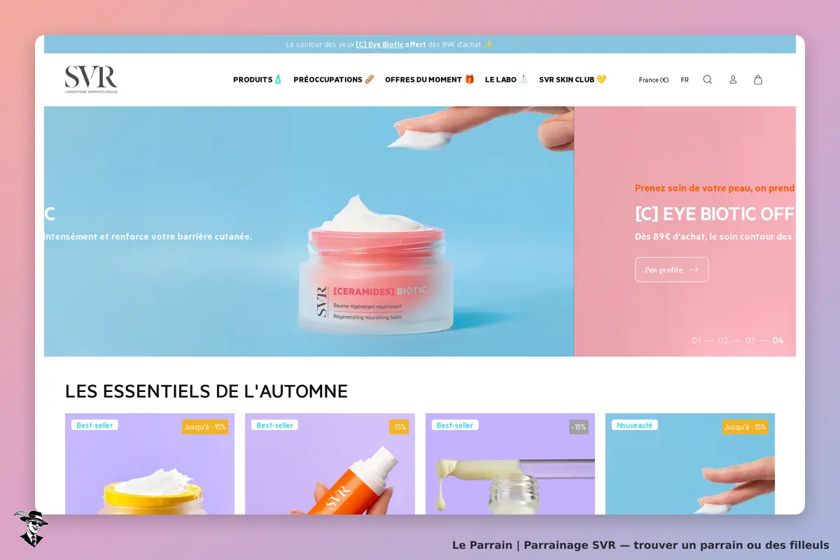 SVR : page d'accueil présentant des produits de soin et un baume en pot avec une main