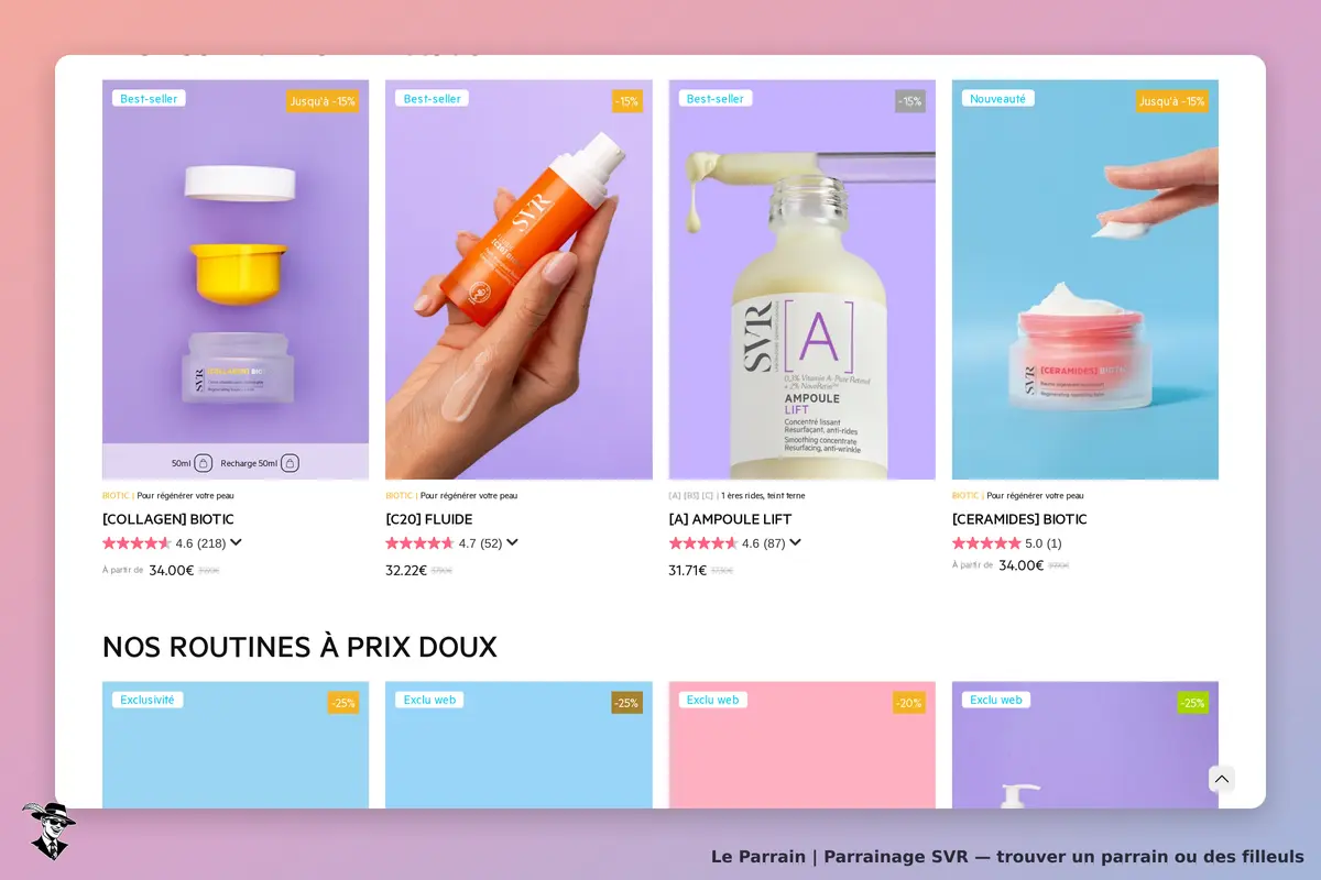 SVR : produits de soin affichés avec notes et descriptions sur fond coloré