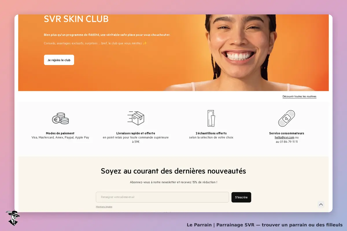 SVR : page d'accueil du SVR Skin Club avec une femme souriante et des informations sur les services