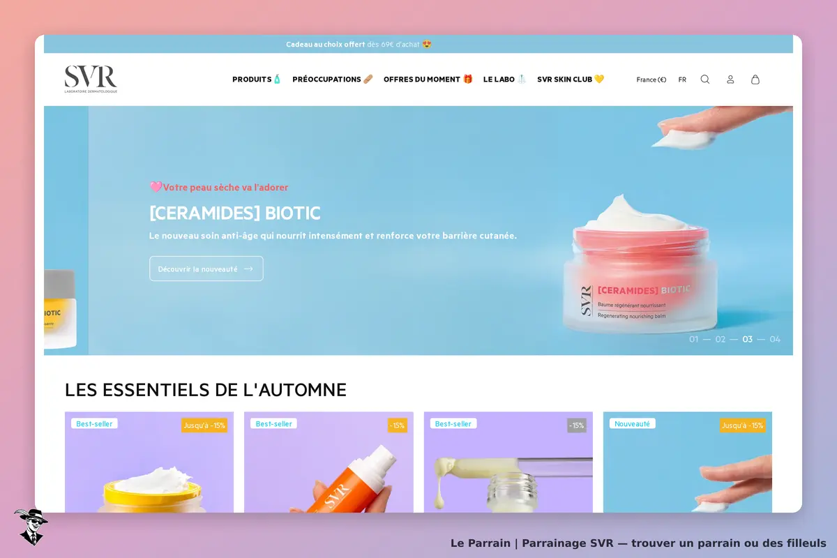 SVR : page d'accueil avec le produit [CERAMIDES] BIOTIC et les essentiels de l'automne