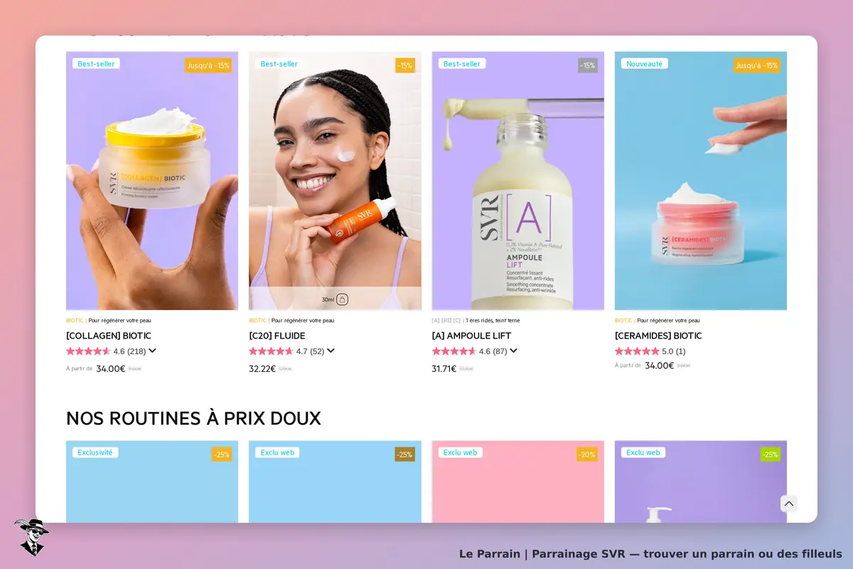 SVR : produits de soins affichés avec notes et avis, section "Nos routines à prix doux"
