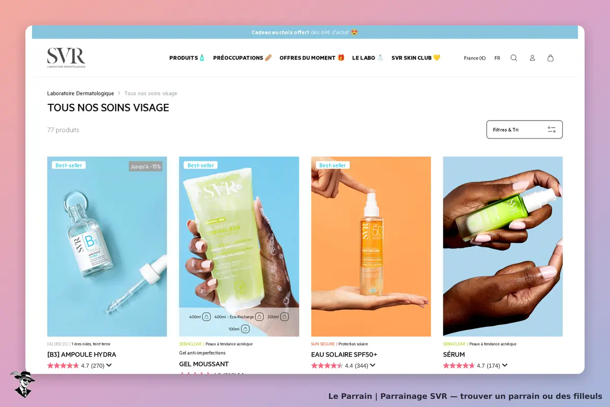 SVR : page catégorie avec plusieurs soins visage en vedette, incluant ampoule et sérum