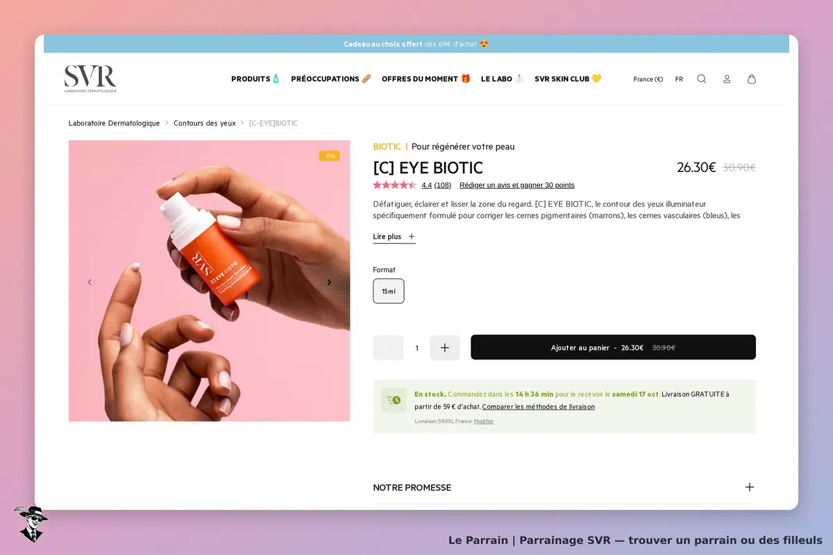 SVR : produit [C] EYE BIOTIC en main avec un fond rose. Détails et bouton d'ajout au panier