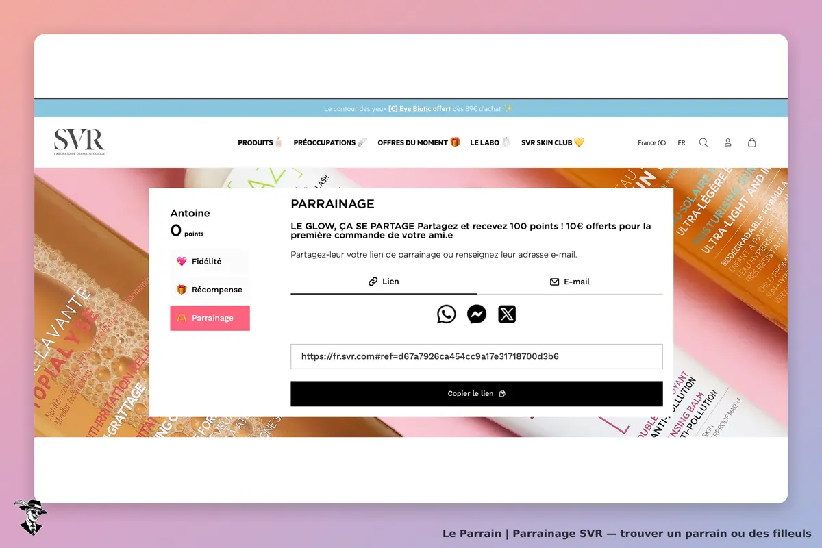 SVR : page de parrainage avec formulaire et lien à partager pour des points de fidélité
