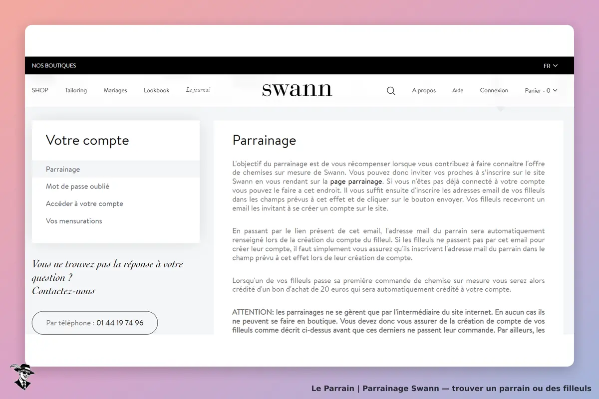 Swann : page de parrainage avec informations sur le fonctionnement et contact pour questions