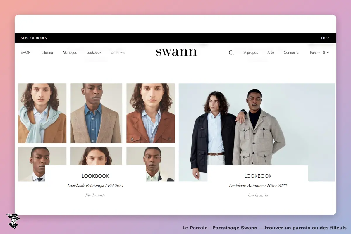 Swann : page d'accueil avec des modèles masculins en lookbook pour les saisons 2022 et 2023