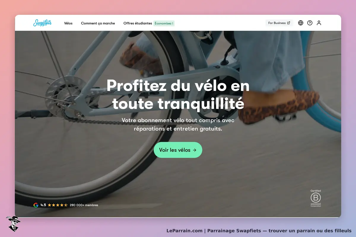 Swapfiets : page d'accueil avec un vélo en mouvement et un message sur l'abonnement