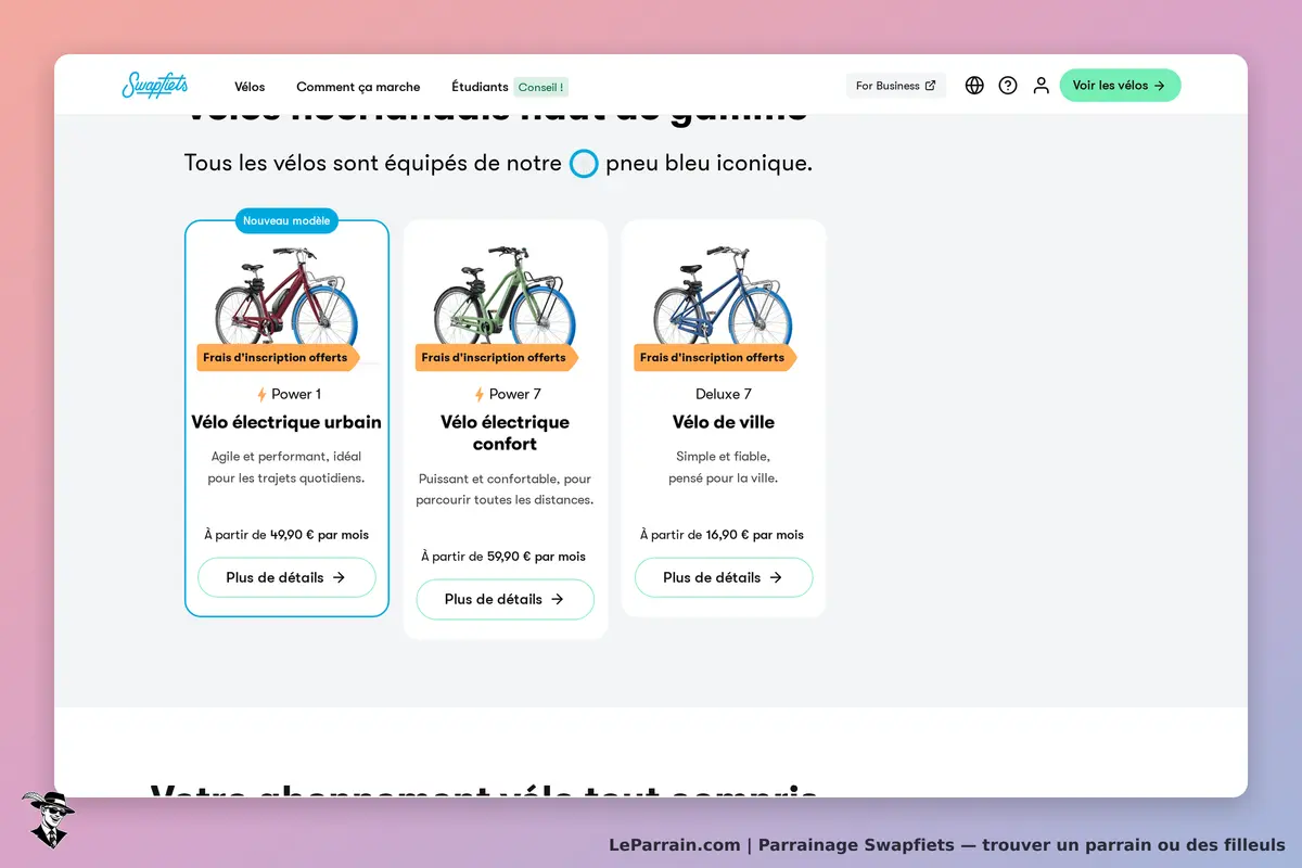 Swapfiets : trois modèles de vélos électriques affichés avec descriptions et options de détails