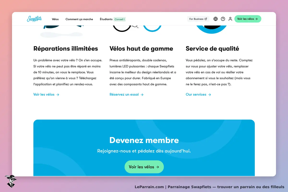 Swapfiets : page d'accueil avec informations sur les services et l'adhésion