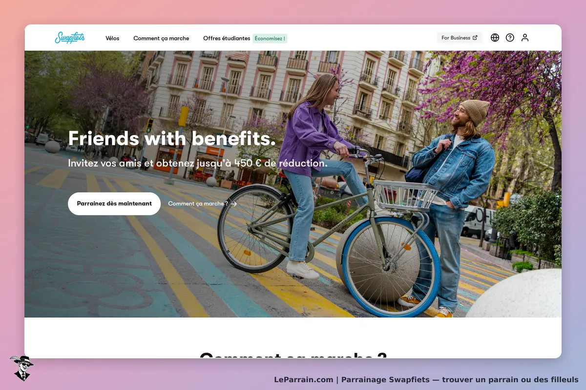 Swapfiets : deux personnes discutent près d'un vélo dans un environnement urbain coloré