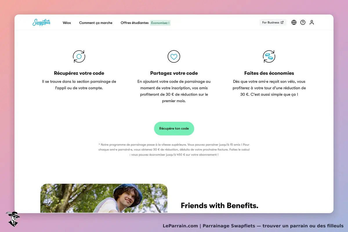 Swapfiets : section parrainage avec instructions et bouton pour récupérer un code. Image d'un jeune