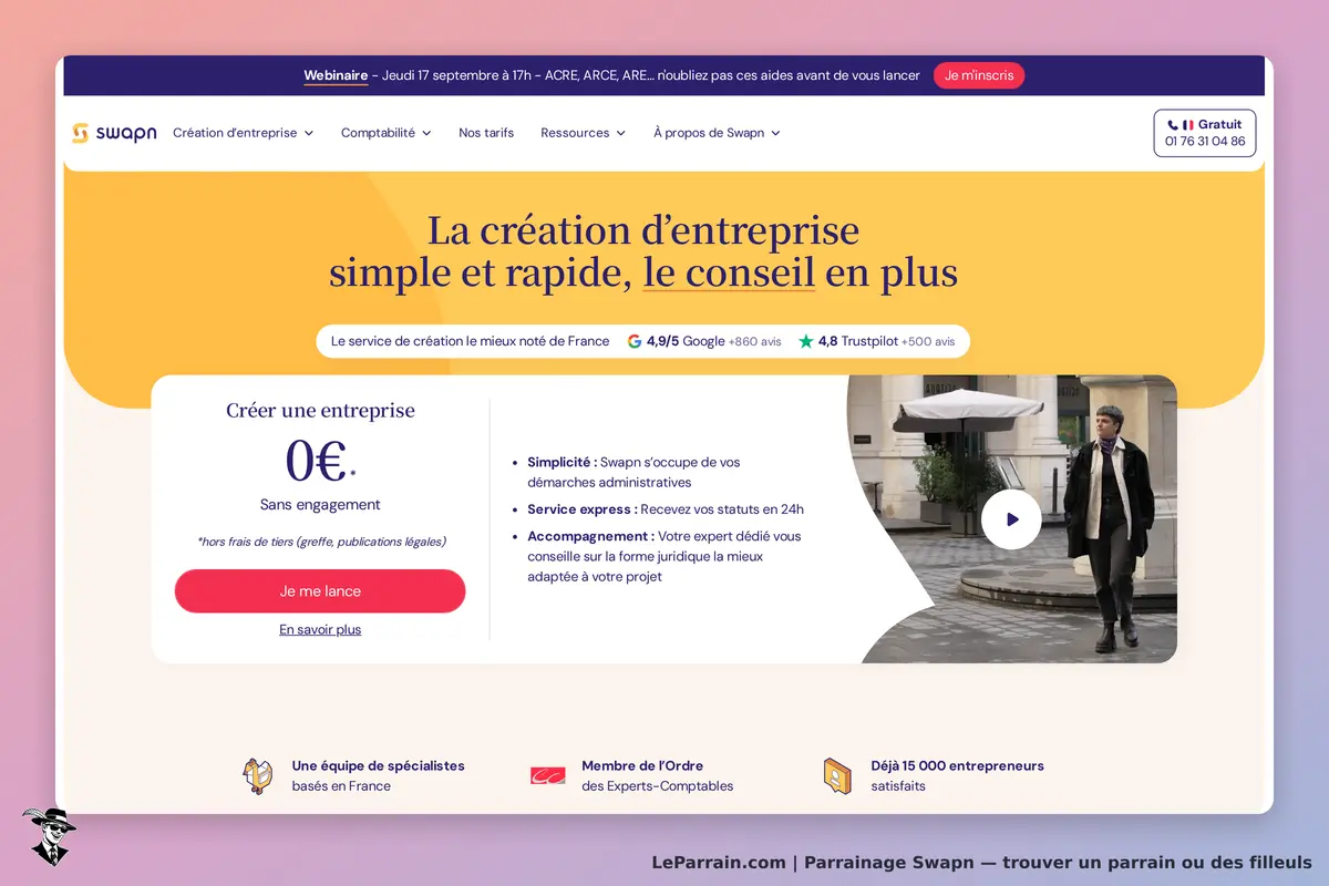Swapn : page d'accueil présentant la création d'entreprise et un visuel d'un homme en ville