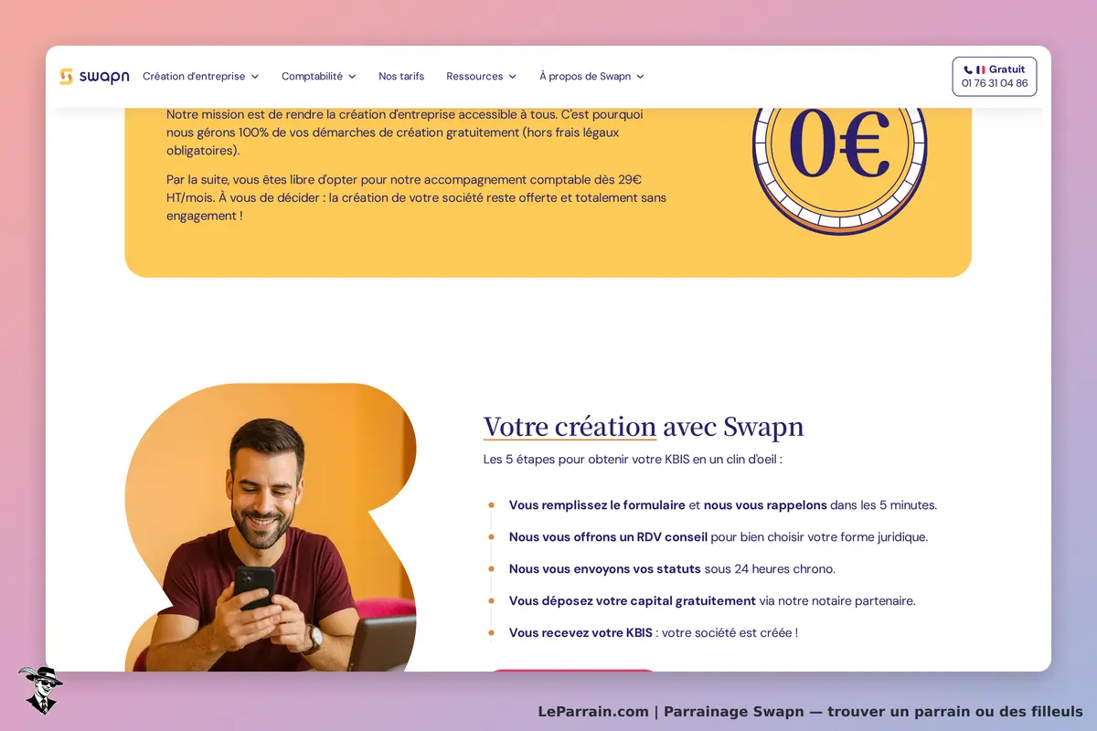 Swapn : page d'accueil présentant un homme souriant utilisant son téléphone et un ordinateur