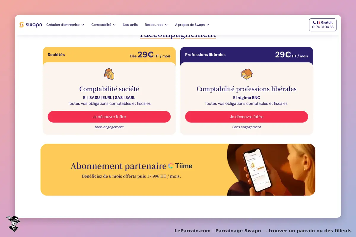 Swapn : page d'accueil avec offres de comptabilité pour sociétés et professions libérales