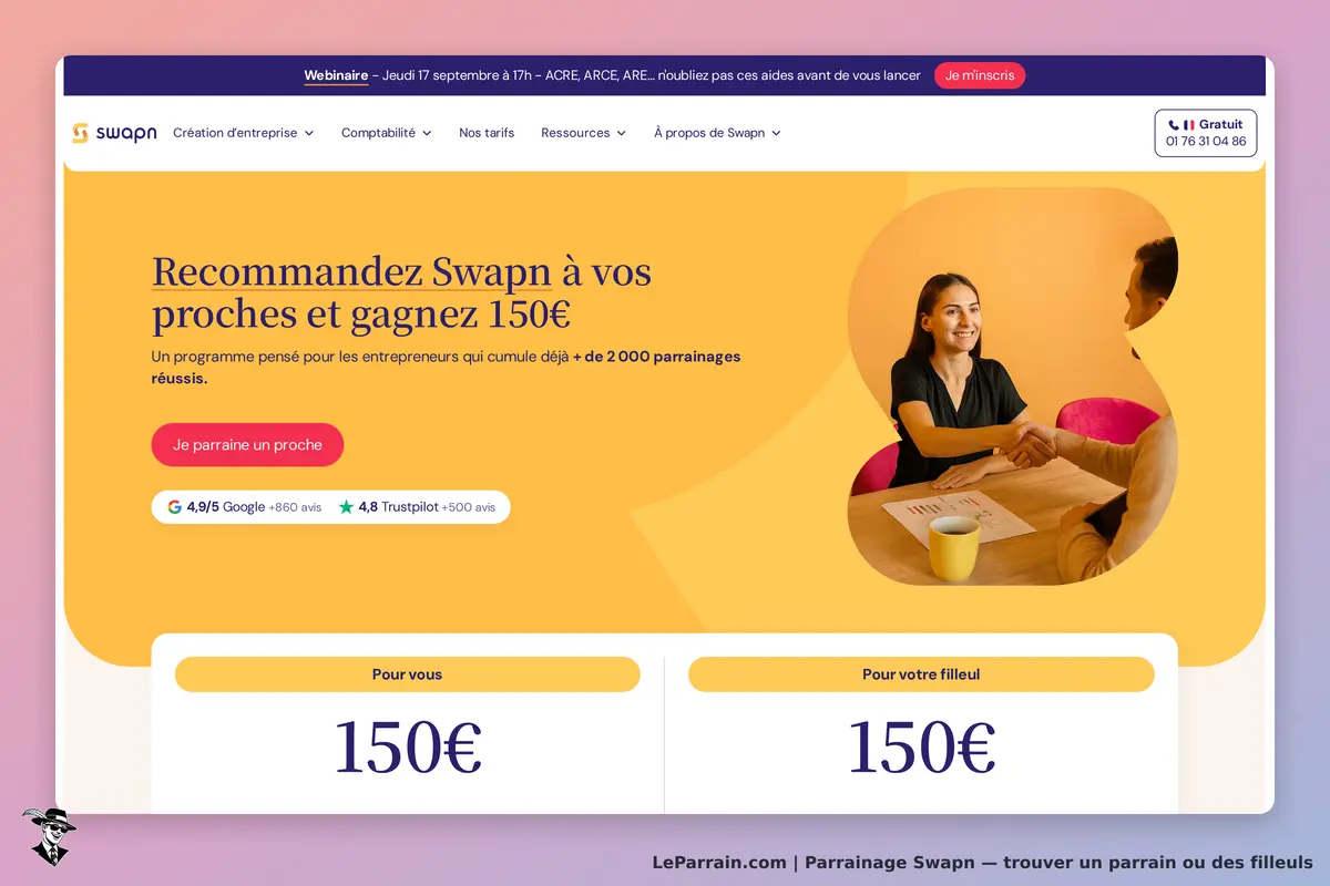 Swapn : page d'accueil avec une offre de parrainage et des personnes se serrant la main