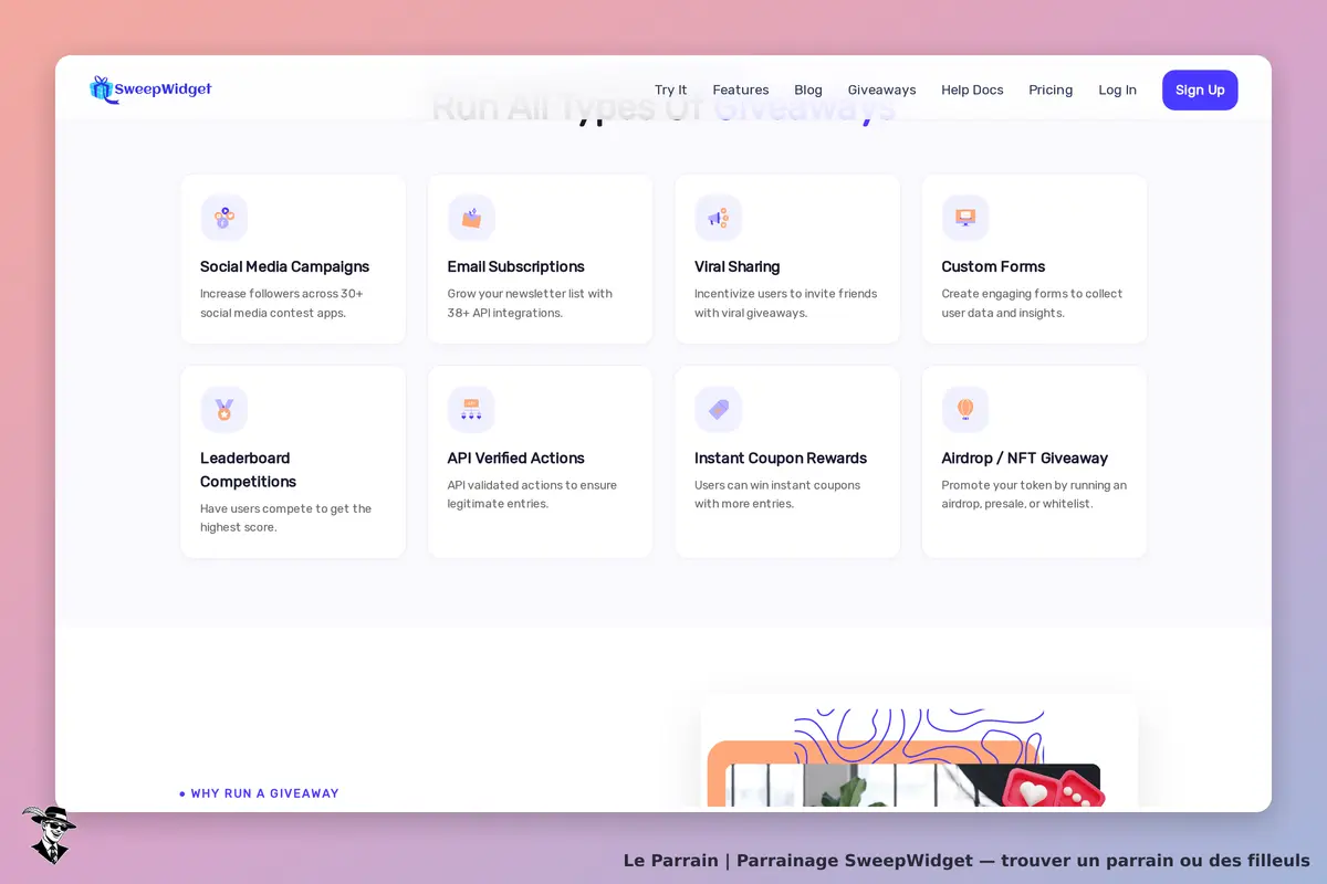 SweepWidget : page d'accueil avec plusieurs options de campagnes et concours affichées