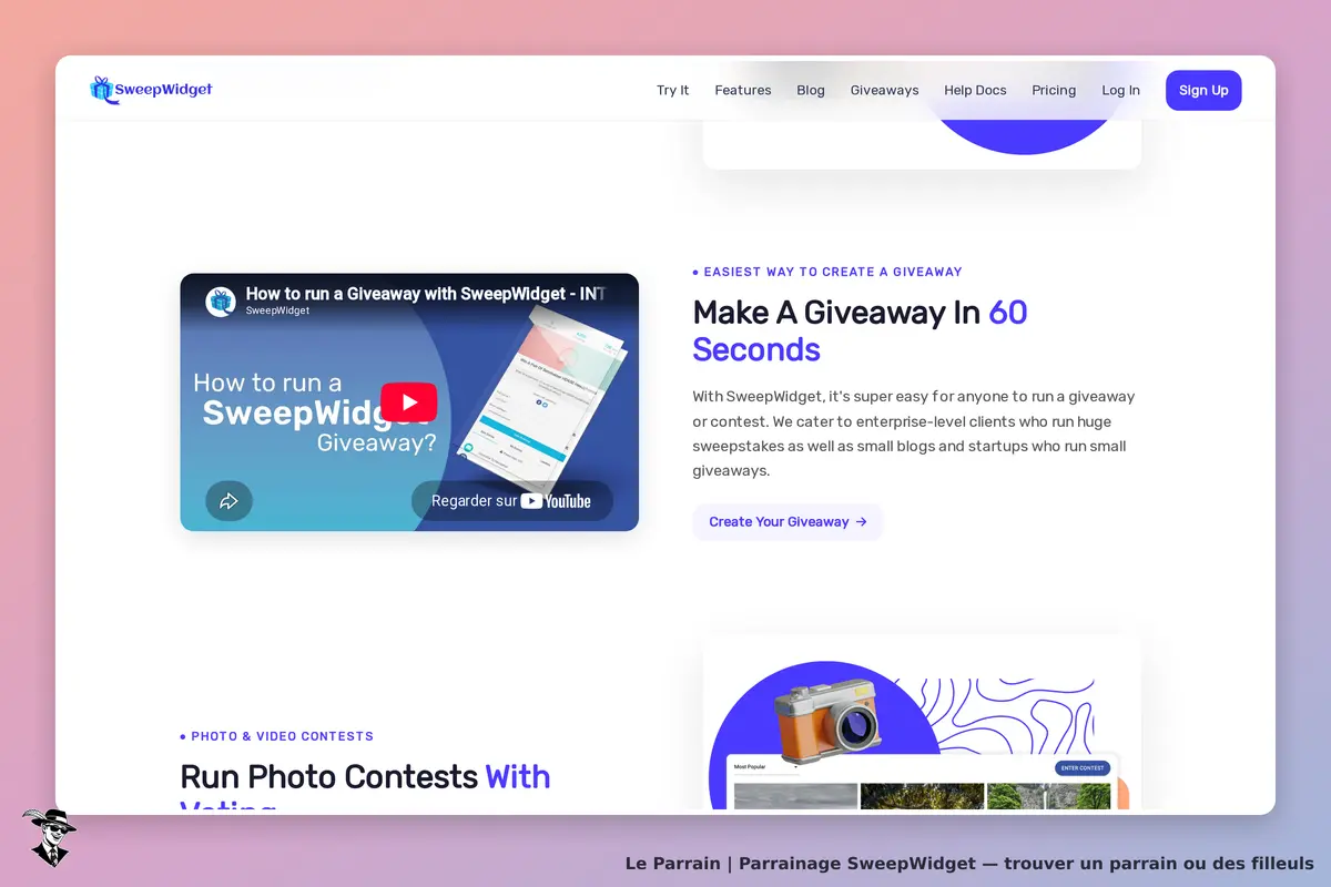 SweepWidget : page d'accueil avec vidéo explicative et section sur les concours photo