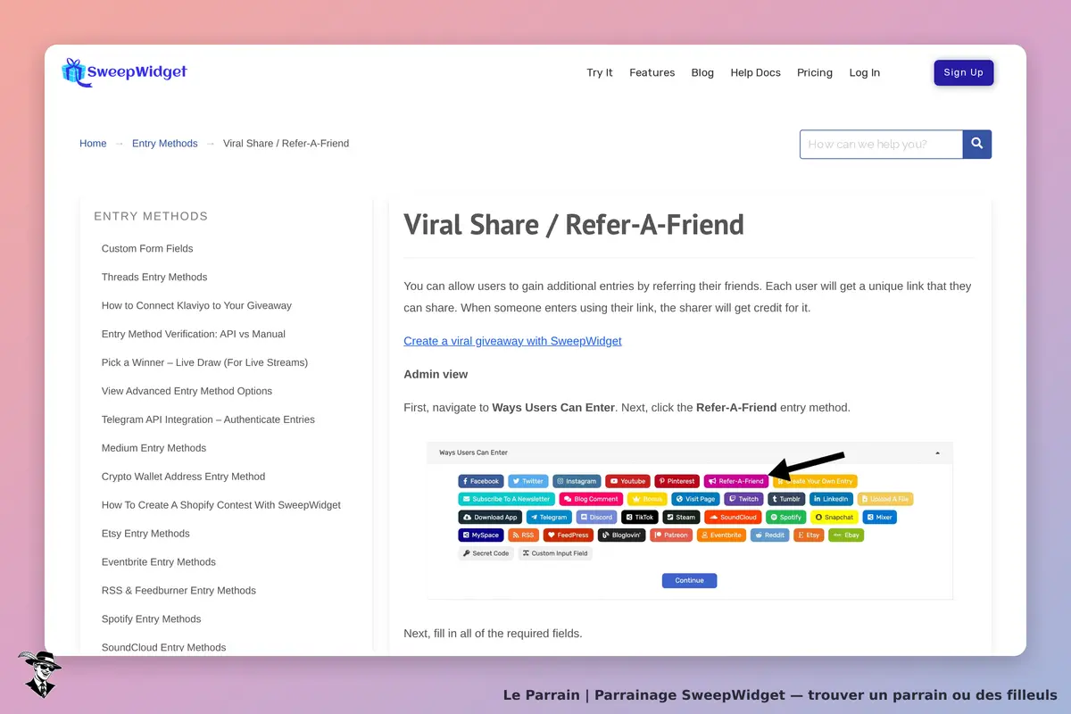 SweepWidget : vue sur la méthode de parrainage avec options de partage sur la page d'accueil