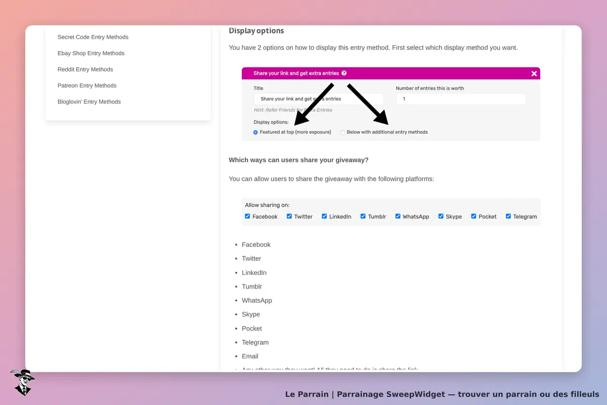 SweepWidget : options d'affichage pour partager un lien et obtenir des entrées supplémentaires
