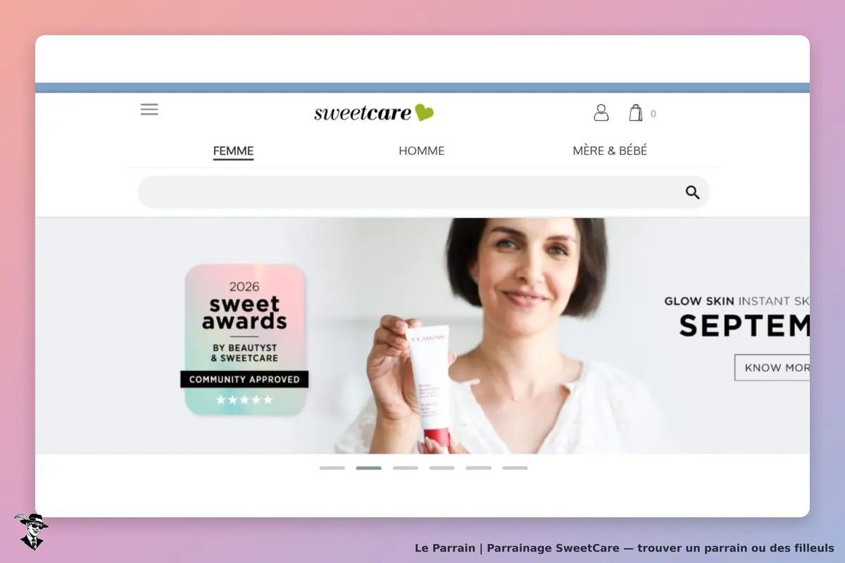 SweetCare : page d'accueil avec une femme tenant un produit et des mentions de récompenses