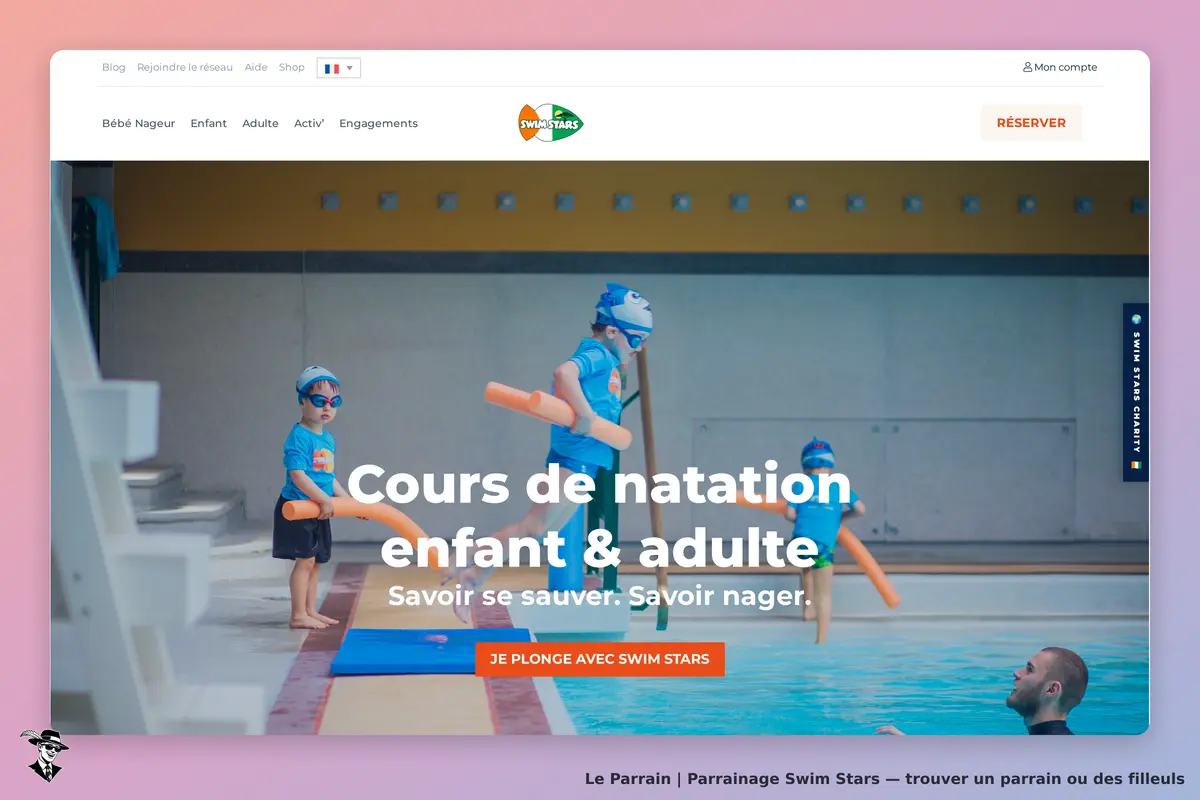 Swim Stars : page d'accueil avec enfants en maillot de bain, jouant à la piscine avec des flotteurs