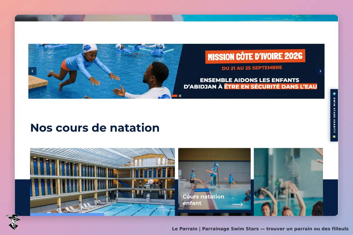 Swim Stars : page d'accueil avec cours de natation et mission Côte d'Ivoire 2026