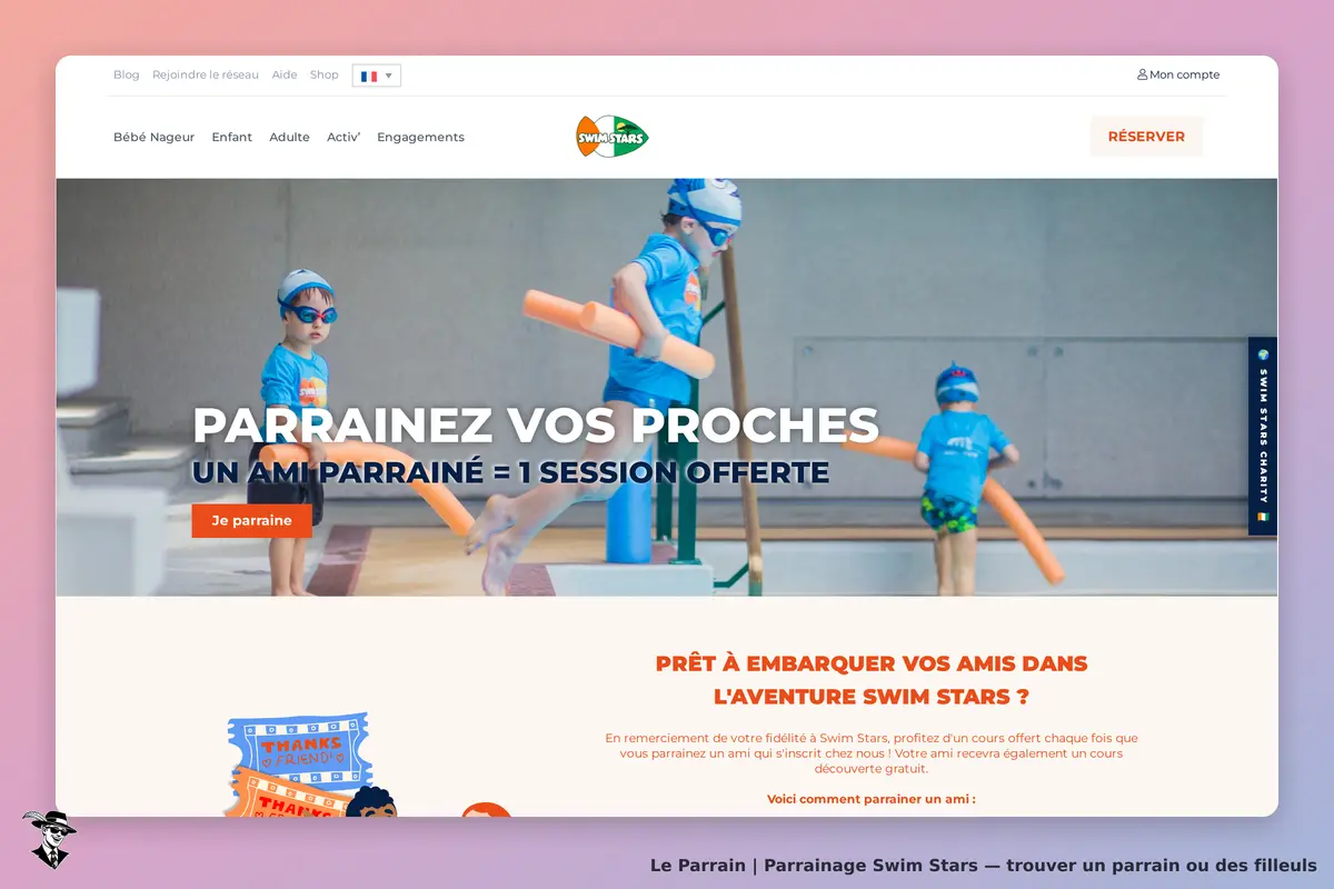 Swim Stars : enfants jouant avec des flotteurs dans une piscine, section parrainage visible