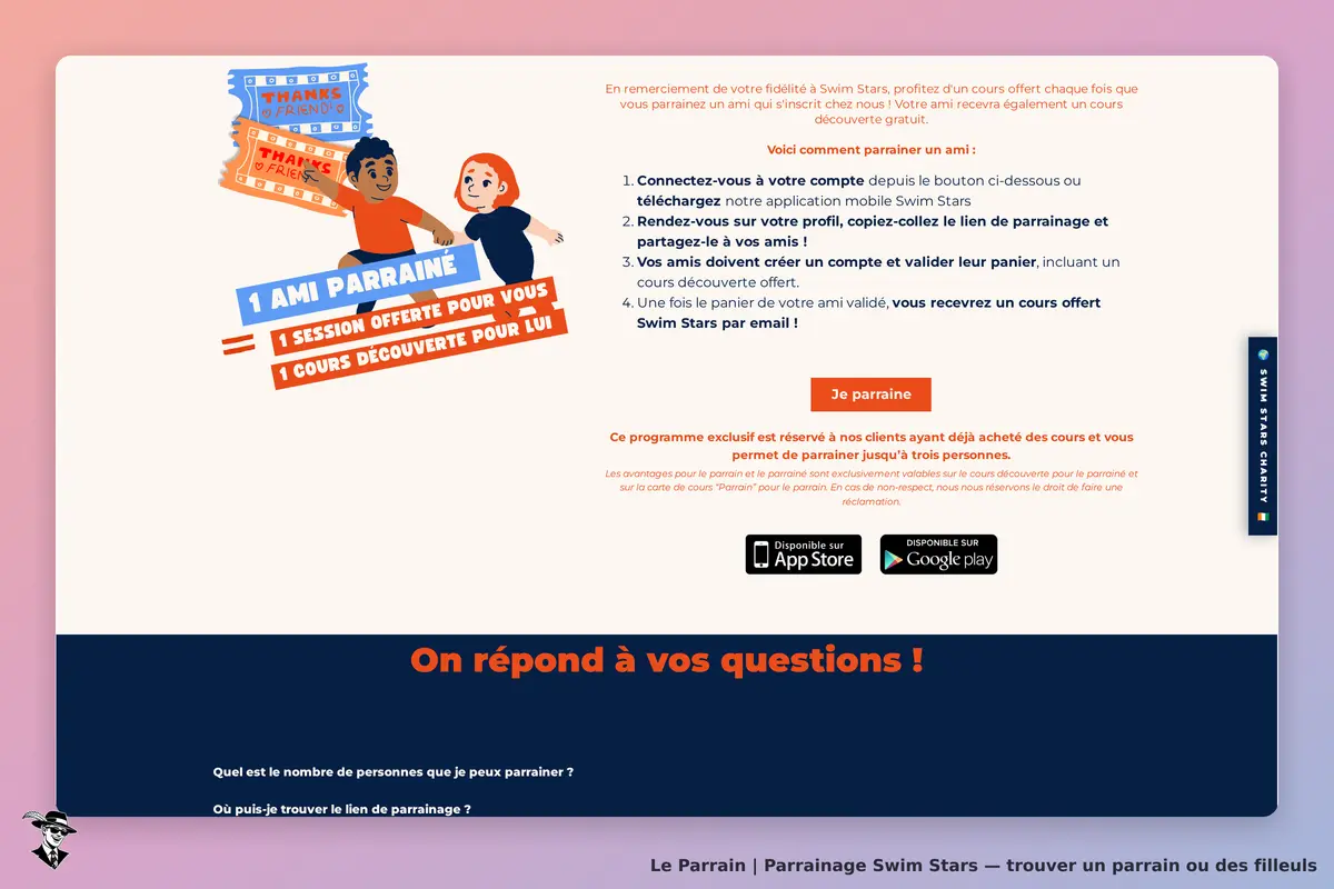 Swim Stars : section de parrainage avec instructions et illustration de deux enfants heureux