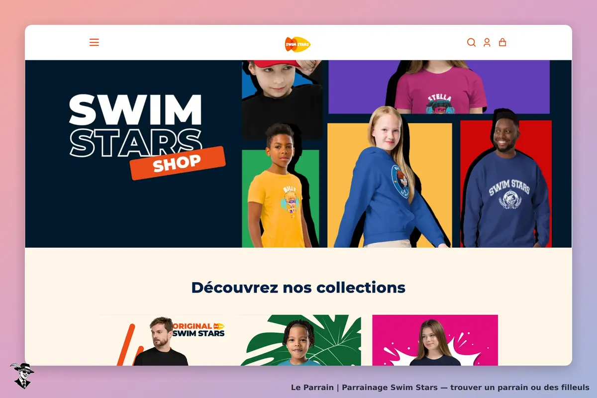 Swim Stars : page d'accueil avec divers vêtements et modèles enfants sur fond coloré