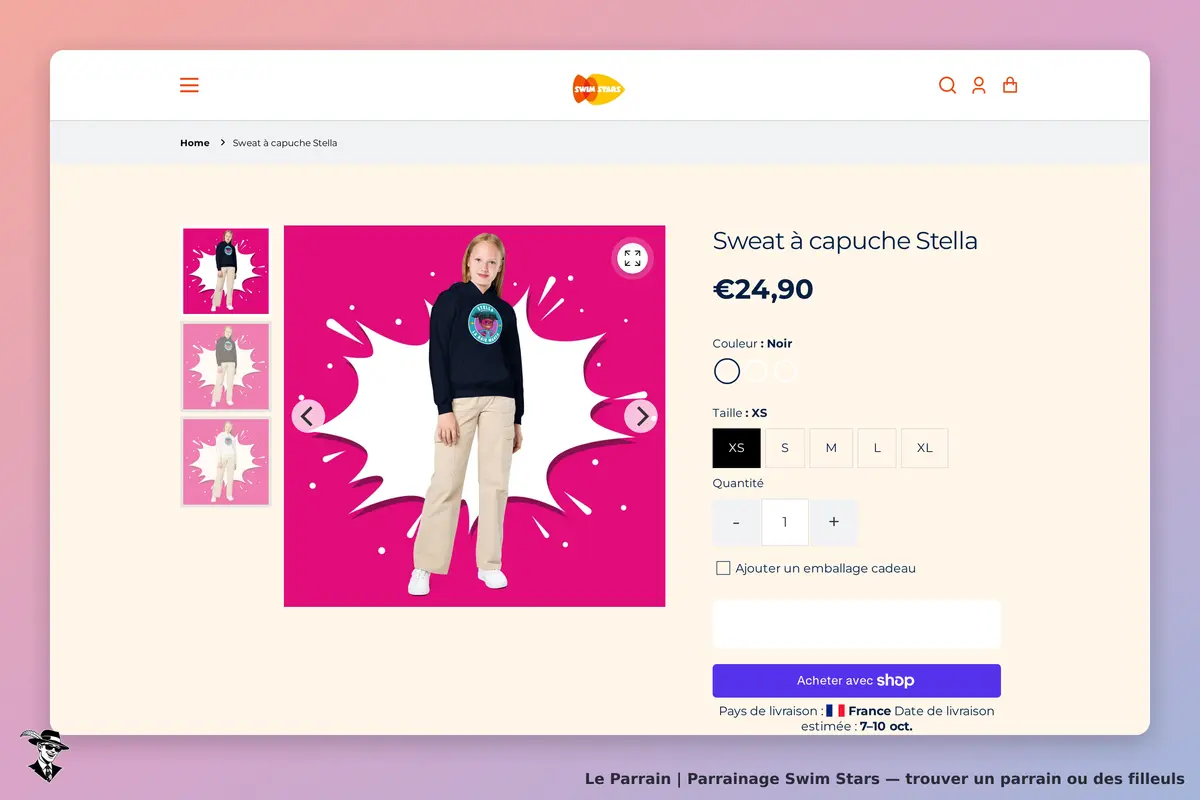 Swim Stars : page produit d'un sweat à capuche avec options de taille et couleur