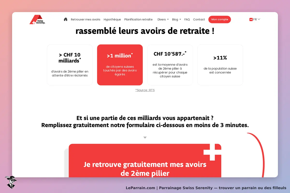 Swiss Serenity : page d'accueil avec statistiques sur les avoirs de retraite et un formulaire