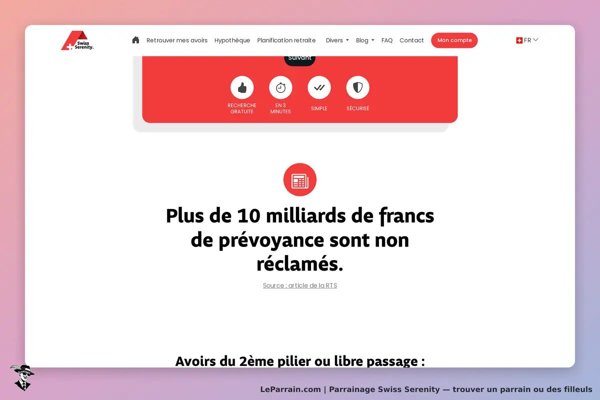Swiss Serenity : page d'accueil avec un message sur des milliards de francs non réclamés