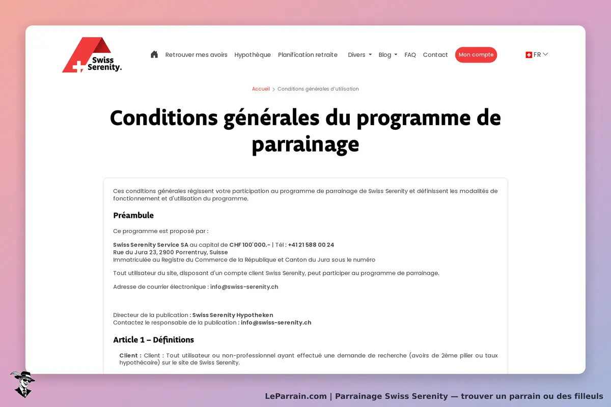 Swiss Serenity : conditions générales du programme de parrainage affichées sur la page d'accueil