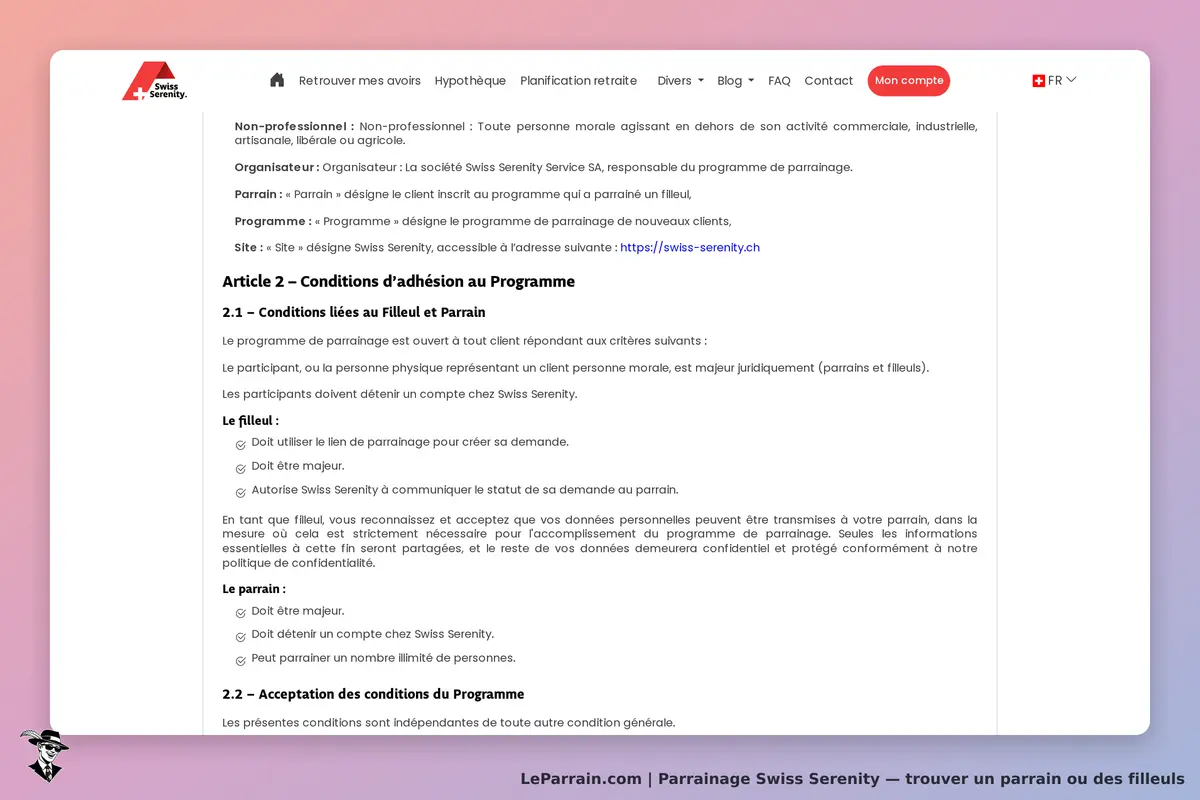 Swiss Serenity : conditions d'adhésion au programme de parrainage sur la page d'accueil
