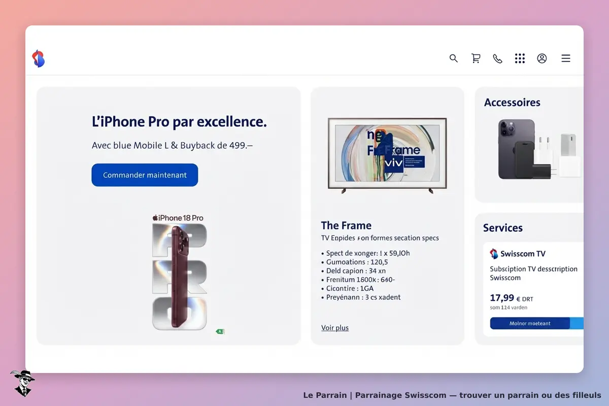 Swisscom : page d'accueil présentant l'iPhone 18 Pro et une télévision The Frame