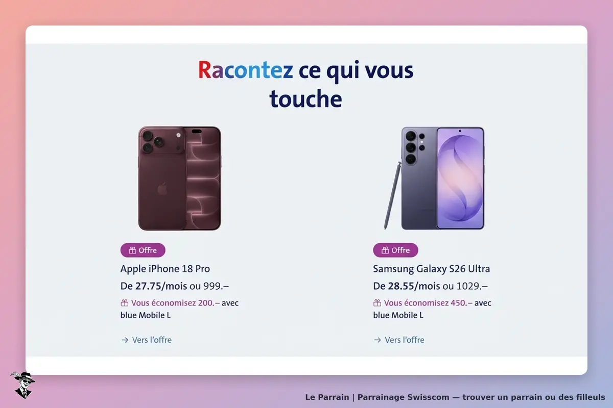 Swisscom : page présentant l'Apple iPhone 18 Pro et le Samsung Galaxy S26 Ultra